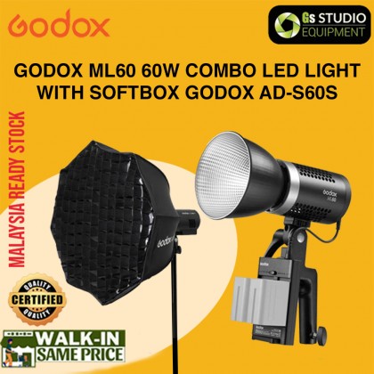 Godox ML60 60W COMBO LED Light Silent Mode Portable Brightness Adjustment Support Li-ion with AC Power Supply Outdoor LED Light With Softbox
